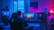 © Korawan - a realistic image of a bright gamer room. the room is clean and simple.. a gamer sitting at his desk with a gaming chair. a large bright window is vis, AI Generative