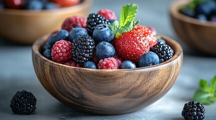 Wall Mural - Minimalist display of assorted berries in a wooden bowl, rich in antioxidants, with a focus on brain health in a realistic setting.