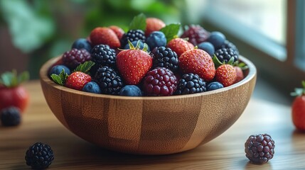 Wall Mural - Colorful berries overflowing in a wooden bowl, promoting brain health with antioxidant benefits. Minimalist, realistic style.