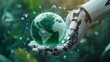 © Korawan - A robot hand holding a green planet Earth with icons of technology, digital networks, AI Generative