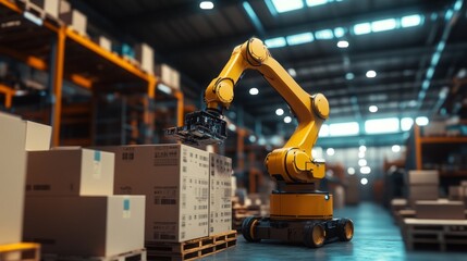 A robotic arm helps stack heavy loads in the warehouse. DSLR 5 24mm F 2.4 ultra realistic, hyper - detailed, bright, AI Generative