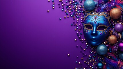 HAPPY Mardi Gras banner template. Flat lay composition with [masks] and [beads] on [purple] background. Top view, copy space.