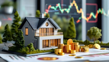 Wall Mural - Real Estate Wealth: House Model Surrounded by Gold Coins and Stock Market Trends