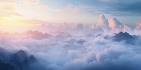 Picturesque panorama of mountains in fog and cloudsin a beautiful sunrise light. Based on Generative AI