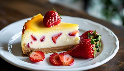 Delicious cheesecake topped with fresh strawberries elegantly presented on a pristine white plate