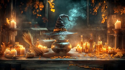 Wall Mural - Close-up of a witch's hat, broomstick, and potion bottles on a wooden table, with cobwebs in the background.