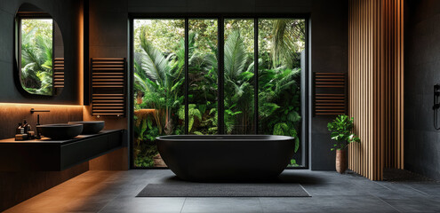 A bathroom with dark gray tiles, a black sink and bathtub, wooden slats on the walls, green plants outside the window, black window frames, and warm lighting.