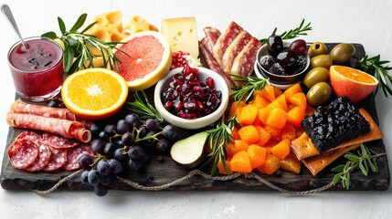 Delicious charcuterie board filled with a variety of fresh fruits cured meats cheeses olives and other savory garnishes arranged on a rustic wooden table