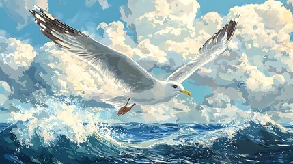 A seagull soars over the ocean waves, the blue sky and clouds framing its graceful flight.