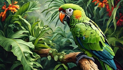 Wall Mural - Vibrant Green Parrot Amidst Lush Tropical Foliage