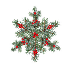 Wall Mural - abstract snowflake made of coniferous branches decorated with artificial red berries. christmas deco