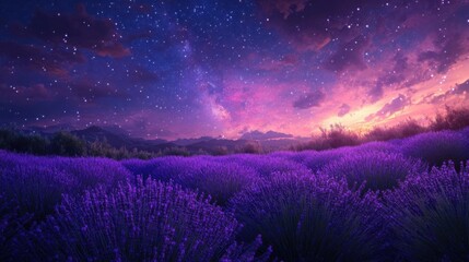 Breathtaking view of a lavender field under a starry night sky, highlighting nature's beauty and serenity.