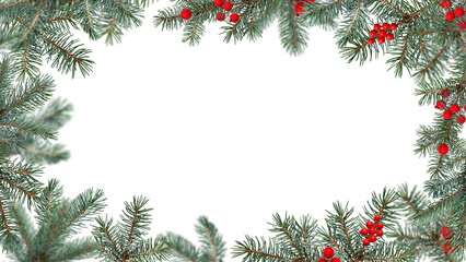 Wall Mural - festive christmas frame made of coniferous branches decorated with artificial red berries. frame iso
