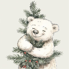 Poster - A bear is reaching for a star on top of a Christmas tree. The bear is wearing a red sweater and he is happy