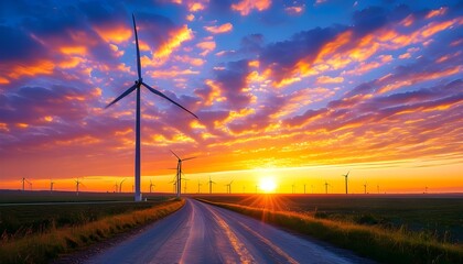 Vibrant sunset illuminating wind farm with towering turbines along a scenic dirt road