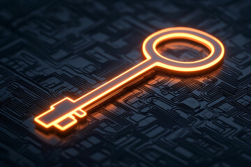 A modern key design illuminated in orange, set against a dark technological background, symbolizing security and access.