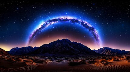 Wall Mural - the milky way stretches across the sky above desert mountains, glowing brightly in the night.