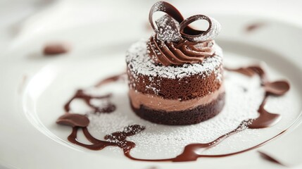 Wall Mural - A fancy chocolate dessert topped with chocolate swirls and powdered sugar, plated elegantly