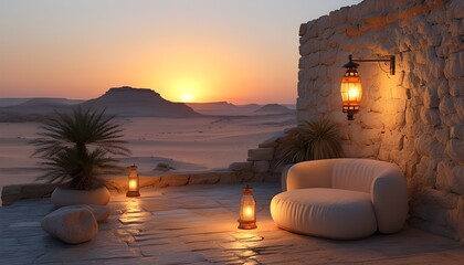 Tranquil desert sunset with inviting chairs, rustic stone walls, and lanterns illuminating the peaceful scene.