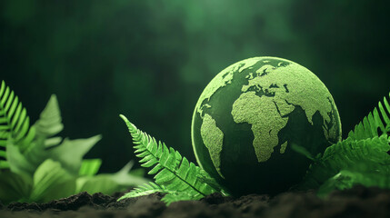 a serene green globe surrounded by lush ferns, symbolizing sustainability and the beauty of nature i