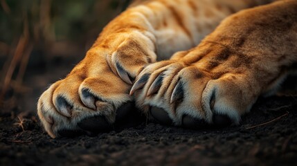 A close-up of a lion's paw with sharp claws extended, resting on the ground, highlighting the strength and grace of these animals.