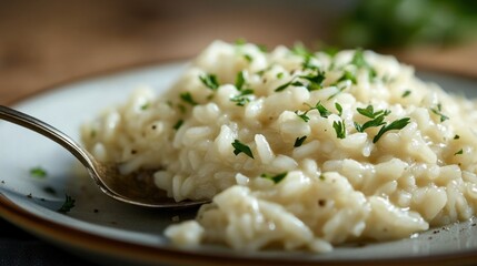 A close-up of a spoon resting on a plate of creamy risotto, garnished with herbs, showcasing culinary artistry and deliciousness