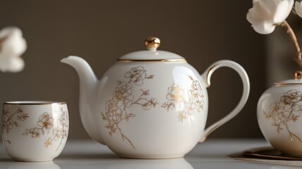 Wall Mural - A white porcelain teapot with a matching creamer, featuring gold details and floral patterns, arranged on a minimalistic table.