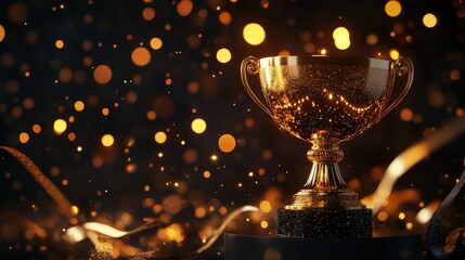 Wall Mural - Award-winning 3D golden trophy on a black podium, fiery effects, ribbons, and bokeh glitter lights for a luxury setting