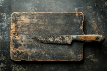 Wall Mural - An old and moldy wooden board for cutting vegetables with knife scratches. Vintage kitchen appliance for cooking food, ai