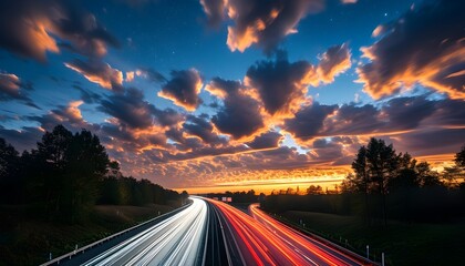 Stunning highway light streaks under a dramatic evening sky adorned with clouds and framed by silhouetted trees