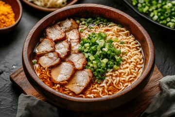 A bowl of ramen with noodles, meat and green onions, served in a wooden bowl, ai