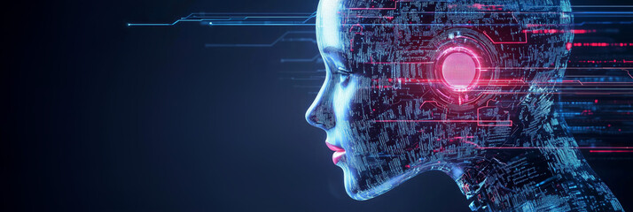Poster - close up of AI robot face showcasing intricate details and technology