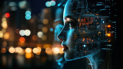 Poster - digital illustration depicting AI robot face with glowing circuitry