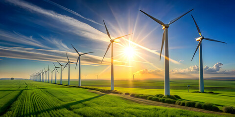 wind turbine at sunset.A line of sleek, modern wind turbines stretches across a rolling green landscape, their white blades slowly rotating under a clear blue sky with scattered clouds. The sun casts 