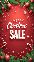 Wall Mural - A colorful backdrop showcases a festive holiday sale announcement surrounded by ornaments, candy canes, and seasonal decor, creating a joyful atmosphere for shoppers