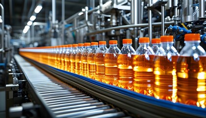 Efficient production line of plastic water bottles on conveyor belt in a modern beverage industry factory