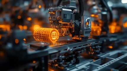 Poster - Close up of industrial robot arm and metal object in a factory setting.