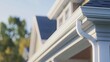 © Morng - Close-up view of a white house gutter system and roof in suburban neighborhood, with greenery and blue sky in the background.