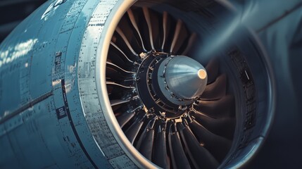 Close-up view of a modern airplane jet engine with detailed turbine blades, highlighting aerospace engineering and advanced technology.