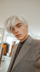 Wall Mural - social media influencer, white hair and grey eyes wearing stylish business attire. Background of fashion store. Posing for his profile picture, trying to look good.