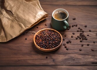Poster - Coffee beans in a bowl and scattered on a wooden table with a cup of coffee.