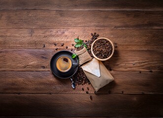 Poster - A cup of coffee sits on a wooden table surrounded by coffee beans, a burlap sack, and a paper bag.