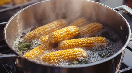 Fresh corn on the cob boiling in a pot on a stovetop, preparing a delicious and healthy meal at home.