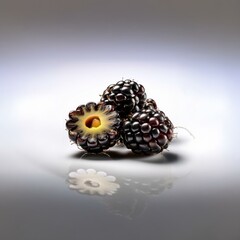 Aufkleber - Three blackberries, one cut open, sit on a reflective surface.