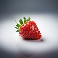 Poster - A single, ripe strawberry with green leaves sits on a white surface.