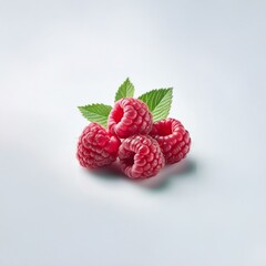 Aufkleber - A cluster of ripe raspberries with green leaves on a white background.