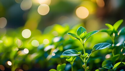 Vibrant green seedlings in a lush garden, illuminated by natural sunlight and surrounded by a beautiful bokeh effect.