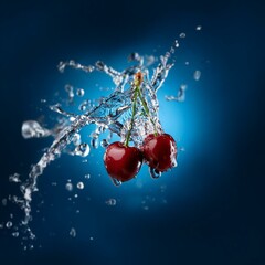 Poster - Two red cherries with stems surrounded by water splash against a blue background.