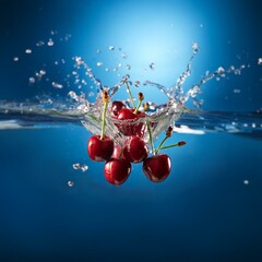Poster - Cherries fall into a body of water creating a splash.