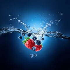 Poster - Two ripe red strawberries and a few blueberries fall into a blue pool of water, creating a splash.
